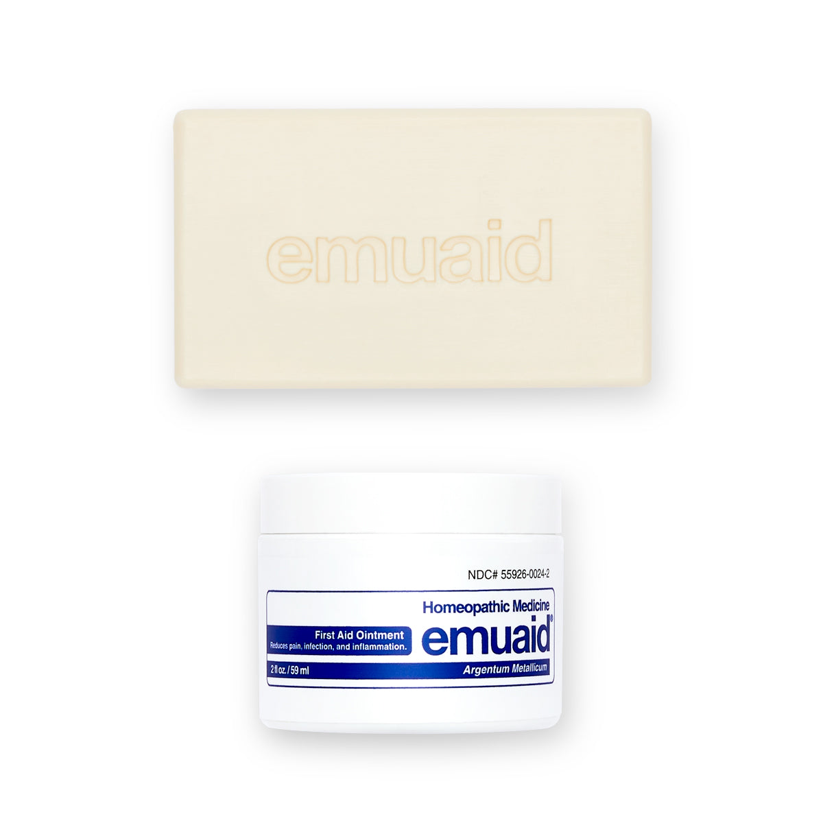 Emuaid first aid ointment jar and soap bar on a white background.