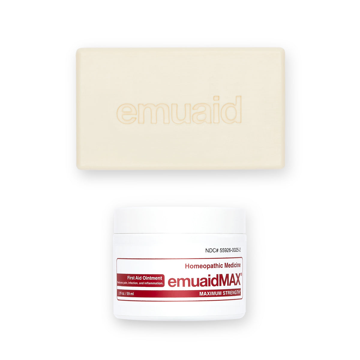 Emuaid bar soap and ointment jar against a white background.